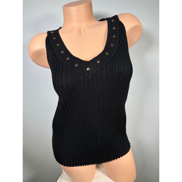 Vintage Y2K Bellidini Large Womens Tank Top Black Sleeveless Ribbed Beaded VNeck - Picture 1 of 9